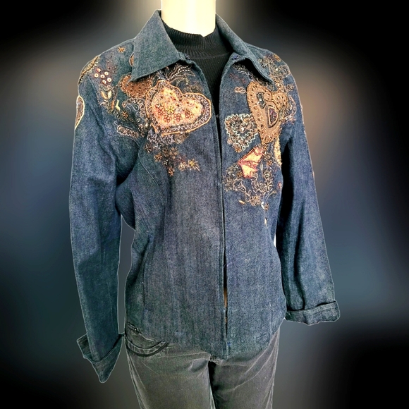 Chico's Women's Dark Blue Denim Embroidered Beaded Jacket 99%Cotton 1/Small - Picture 1 of 16